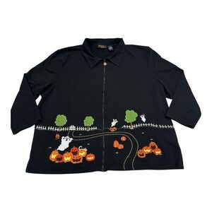Onque Womens Halloween‎ Jacket Womens 3x Shacket Cardigan Black Pumpkin Ghost
